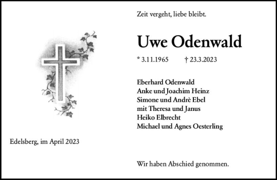 Traueranzeige von Uwe Odenwald von Weilburger Tageblatt
