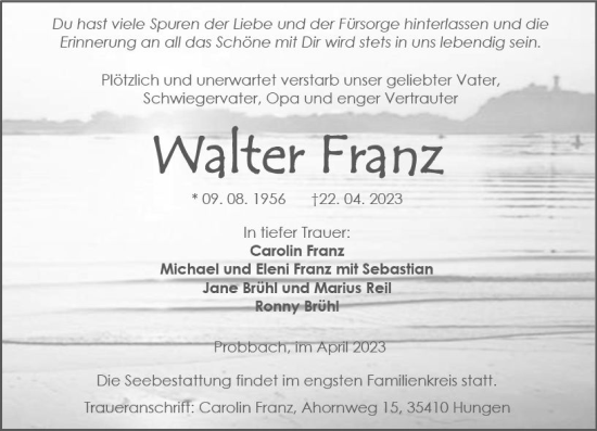 Traueranzeige von Walter Franz von Hinterländer Anzeiger