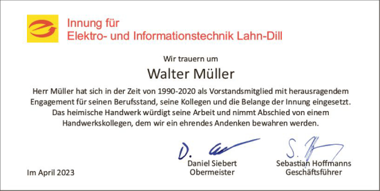 Traueranzeige von Walter Müller von Wetzlarer Neue Zeitung