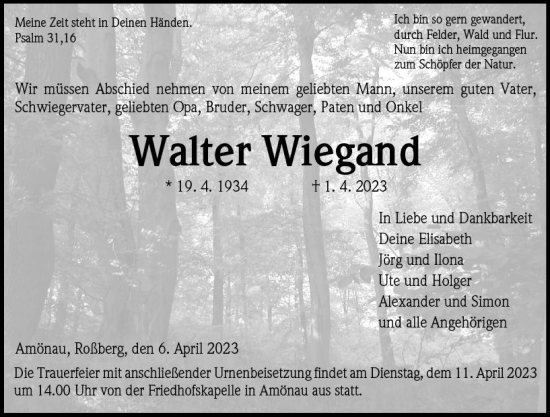 Traueranzeige von Walter Wiegand von Hinterländer Anzeiger