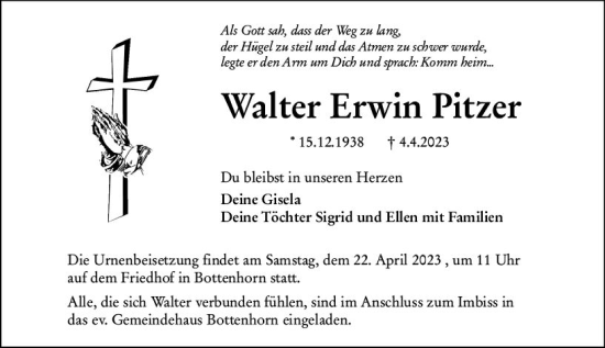 Traueranzeige von Walter Erwin Pitzer von Hinterländer Anzeiger