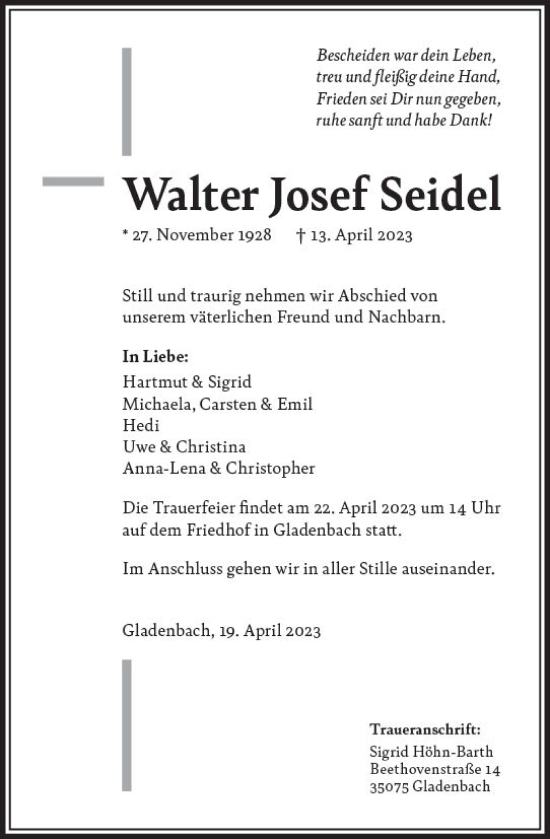 Traueranzeige von Walter Josef Seidel von Hinterländer Anzeiger