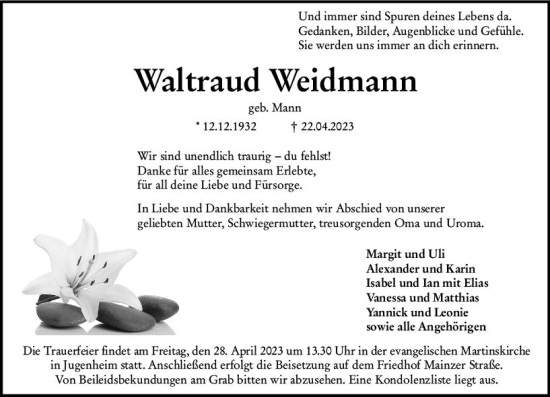 Traueranzeige von Waltraud Weidmann von Allgemeine Zeitung Mainz