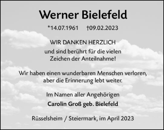 Traueranzeige von Werner Bielefeld von Rüsselsheimer Echo