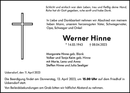 Traueranzeige von Werner Hinne von Dill Block