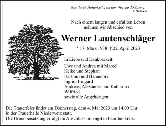 Traueranzeige von Werner Lautenschläger von Wetzlarer Neue Zeitung