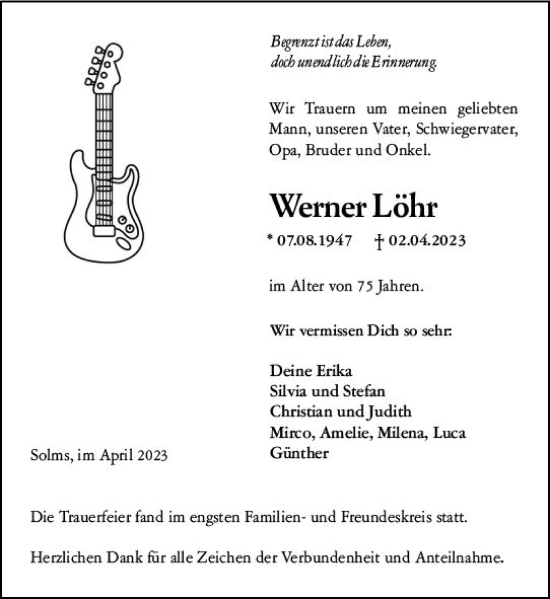 Traueranzeige von Werner Löhr von Wetzlarer Neue Zeitung