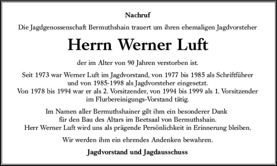 Traueranzeige von Werner Luft von VRM Trauer