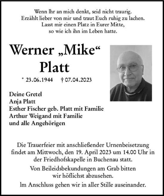 Traueranzeige von Werner Platt von Hinterländer Anzeiger