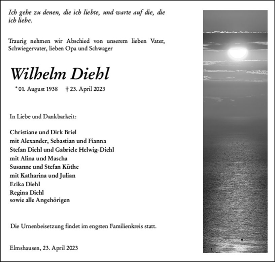 Traueranzeige von Wilhelm Diehl von Hinterländer Anzeiger