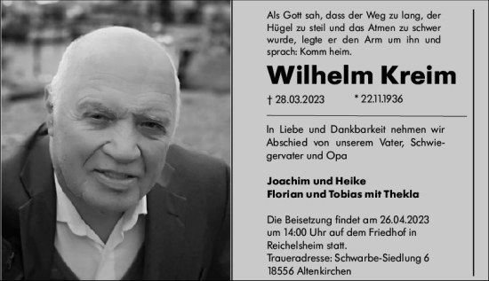 Traueranzeige von Wilhelm Kreim von Odenwälder Echo