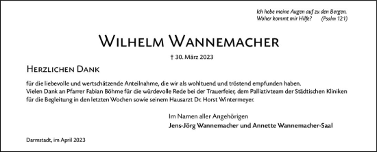 Traueranzeige von Wilhelm Wannemacher von Darmstädter Echo
