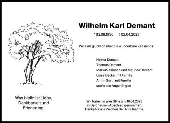 Traueranzeige von Wilhelm Karl Demant von Wetzlarer Neue Zeitung
