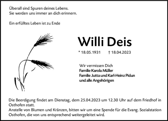 Traueranzeige von Willi Deis von Wormser Zeitung