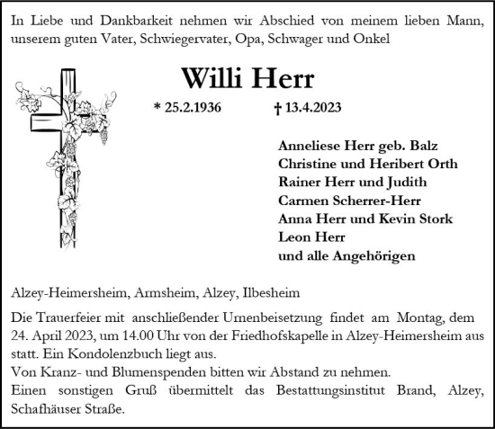 Traueranzeige von Willi Herr von Allgemeine Zeitung Alzey
