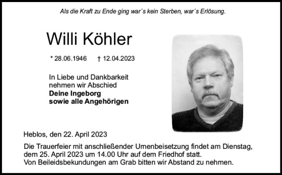 Traueranzeige von Willi Köhler von VRM Trauer