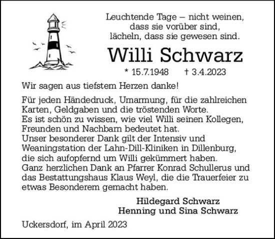 Traueranzeige von Willi Schwarz von Dill Block