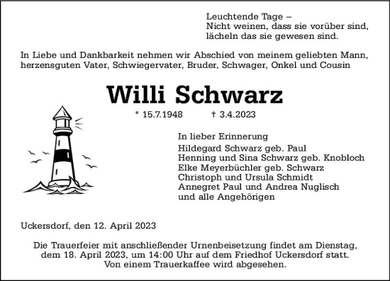 Traueranzeige von Willi Schwarz von Dill Block