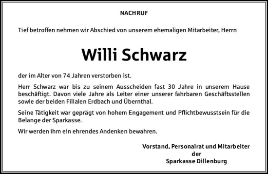 Traueranzeige von Willi Schwarz von Dill Block