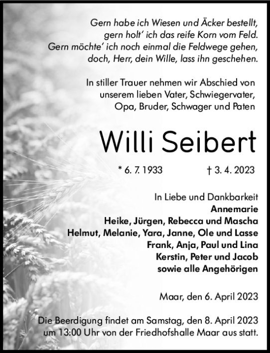 Traueranzeige von Willi Seibert von VRM Trauer