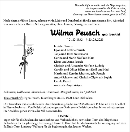 Traueranzeige von Wilma Peusch von Weilburger Tageblatt