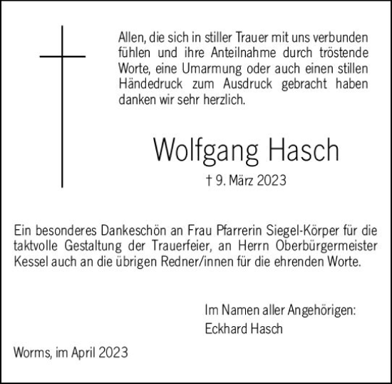 Traueranzeige von Wolfgang Hasch von Wormser Zeitung