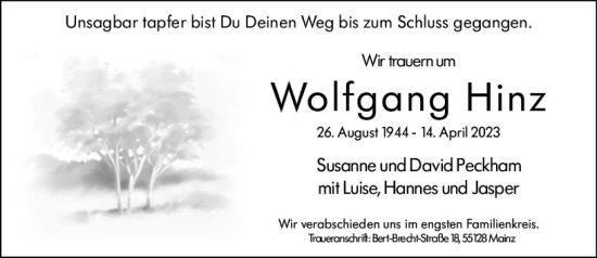 Traueranzeige von Wolfgang Hinz von Allgemeine Zeitung Mainz