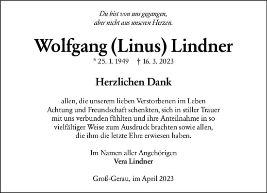 Traueranzeige von Wolfgang Lindner von Groß-Gerauer Echo