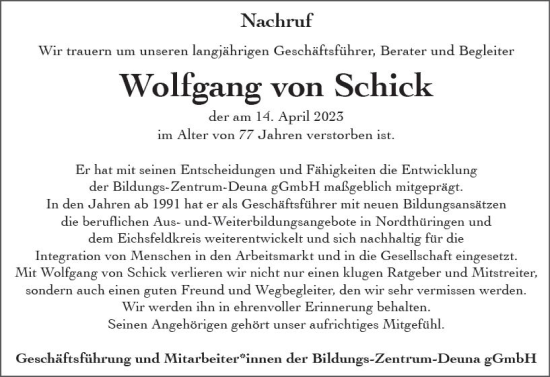 Traueranzeige von Wolfgang von Schick von Wiesbadener Kurier