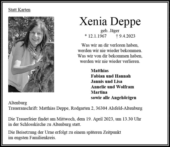 Traueranzeige von Xenia Deppe von VRM Trauer
