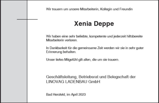 Traueranzeige von Xenia Deppe von VRM Trauer