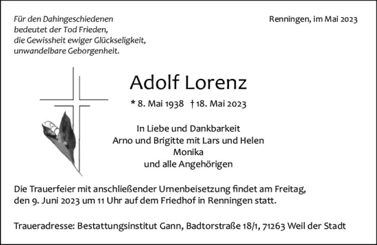 Traueranzeige von Adolf Lorenz von Alzeyer Wochenblatt