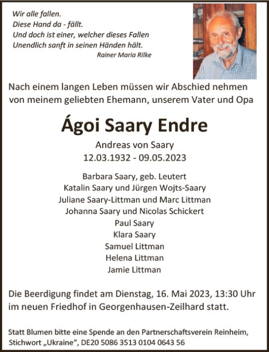 Traueranzeige von Agoi Saary Endre von Darmstädter Echo