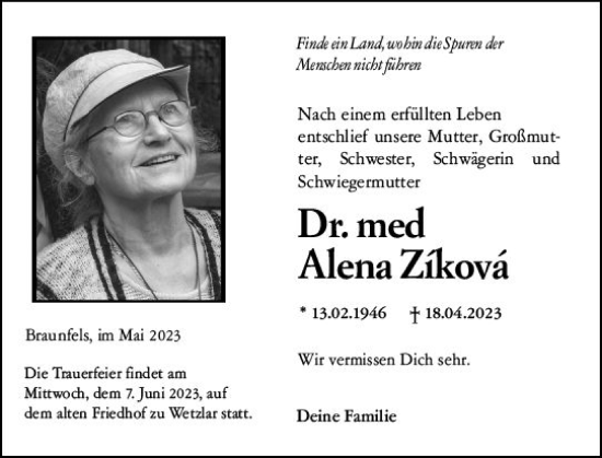 Traueranzeige von Alena Zíková von Wetzlarer Neue Zeitung