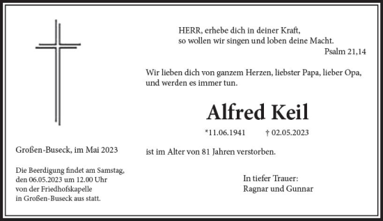 Traueranzeige von Alfred Keil von Wetzlarer Neue Zeitung