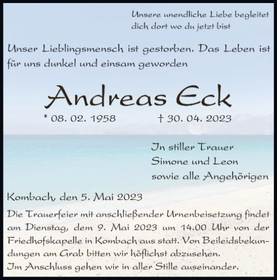 Traueranzeige von Andreas Eck von Hinterländer Anzeiger