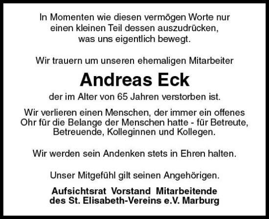 Traueranzeige von Andreas Eck von Hinterländer Anzeiger