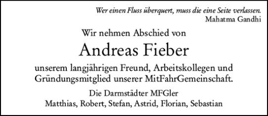 Traueranzeige von Andreas Fieber von Darmstädter Echo