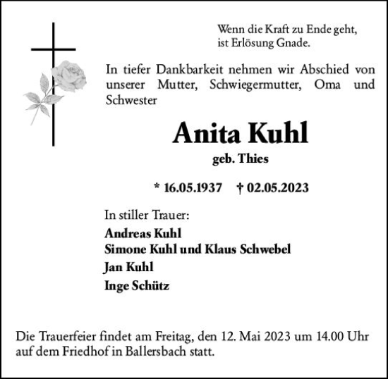 Traueranzeige von Anita Kuhl von Dill Block