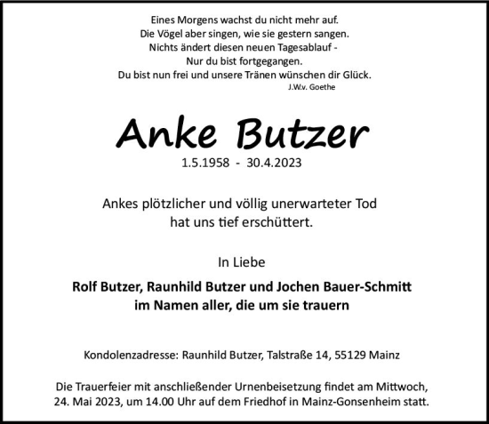 Traueranzeige von Anke Butzer von Allgemeine Zeitung Mainz