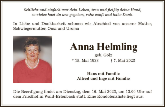 Traueranzeige von Anna Helmling von Starkenburger Echo