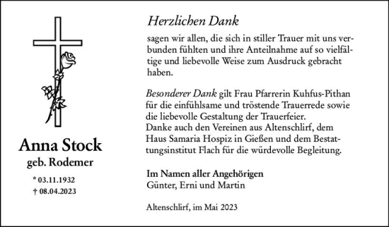 Traueranzeige von Anna Stock von Oberhessen Kurier