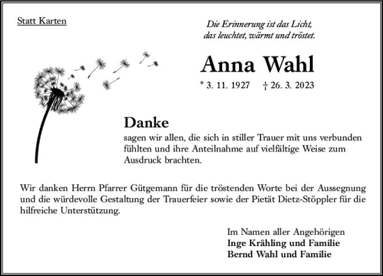 Traueranzeige von Anna Wahl von Oberhessen Kurier