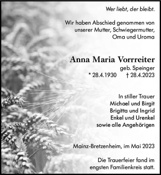 Traueranzeige von Anna Maria Vorreiter von Allgemeine Zeitung Mainz