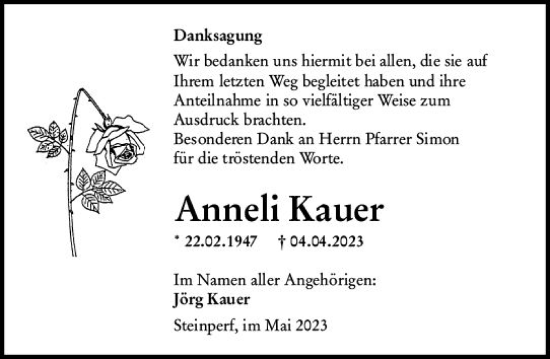 Traueranzeige von Anneli Kauer von Hinterländer Anzeiger