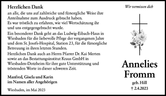 Traueranzeige von Annelies Fromm von Wiesbadener Kurier