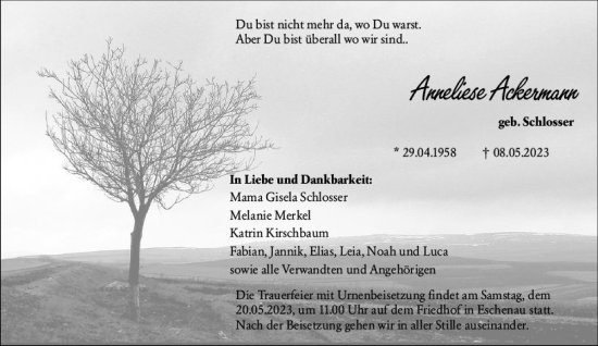 Traueranzeige von Anneliese Ackermann von Weilburger Tageblatt Traueranzeige von Anneliese Ackermann von Weilburger Tageblatt