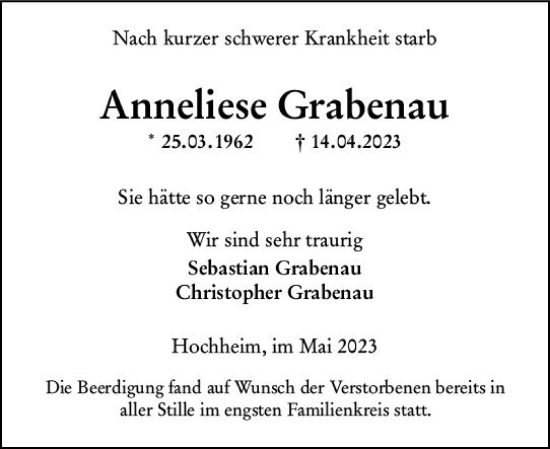 Traueranzeige von Anneliese Grabenau von Hochheimer Zeitung
