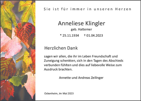 Traueranzeige von Anneliese Klingler von Allgemeine Zeitung Bingen/Ingelheim