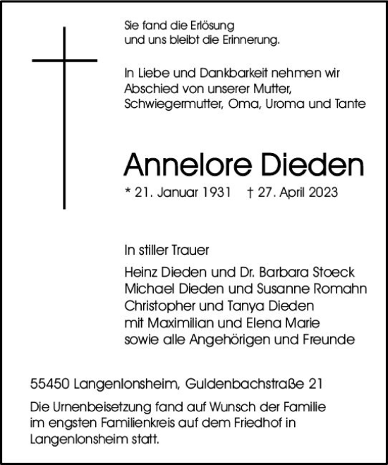 Traueranzeige von Annelore Dieden von Allgemeine Zeitung Bad Kreuznach